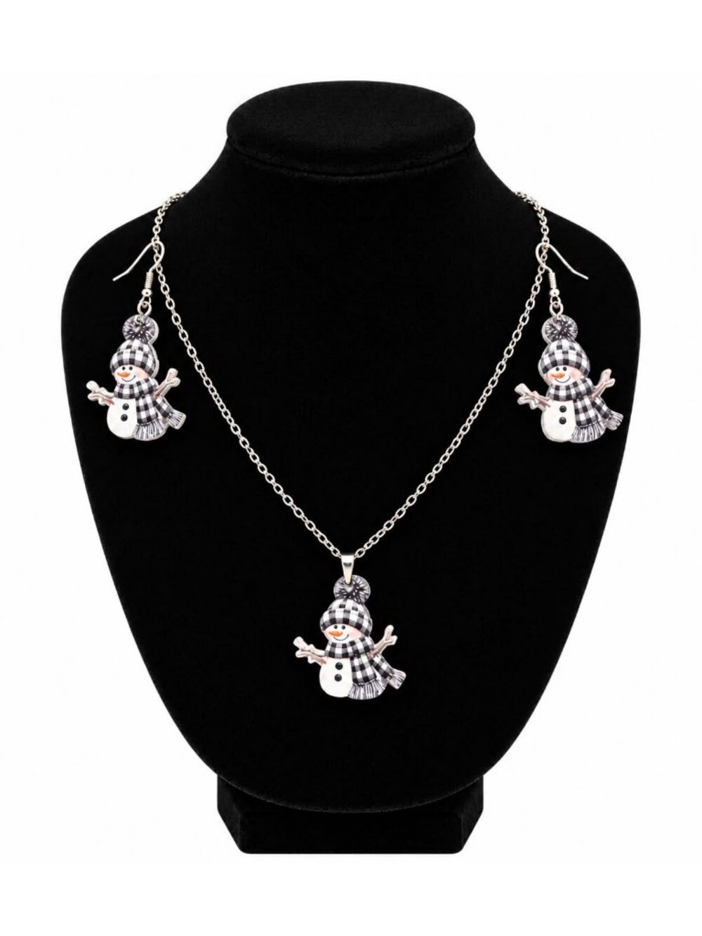 Black and White Plaid Snowman Necklace and Earring Set